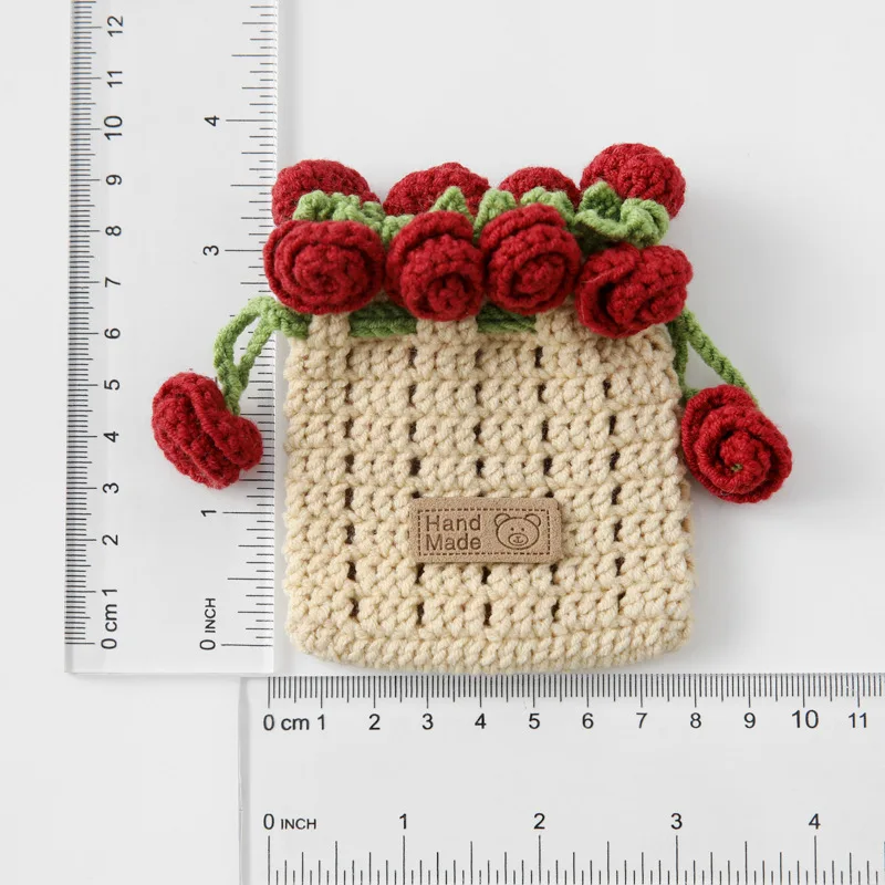 Ins crochet coin purse cute handmade lipstick bag adjustable rope with knitted rose mini makeup bag 2