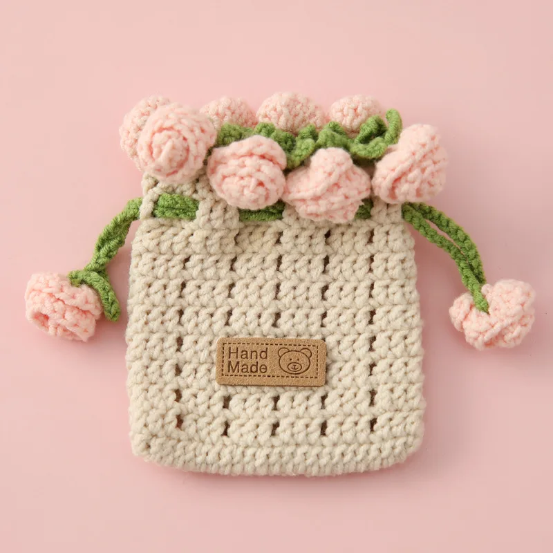 Ins crochet coin purse cute handmade lipstick bag adjustable rope with knitted rose mini makeup bag 6