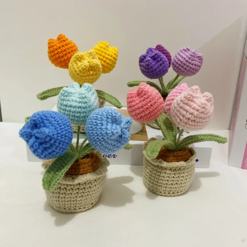 Tulips crochet flowers with potted cute knitted flower tulips artificial palnt easter decoration 2025 office table car decor 2
