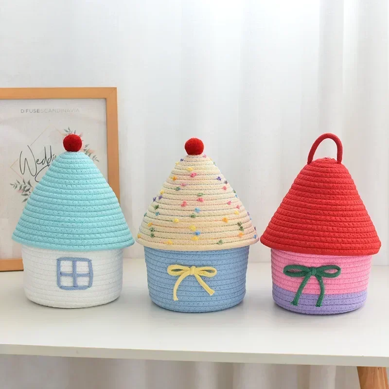 Cute storage basket desktop sundries storage box snack toys organizer hand woven make up basket home decor 4