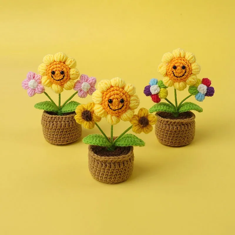 Kawaii crochet sunflowers knitting flower pot finnshed handmade plant car table decor fake sunflower 6