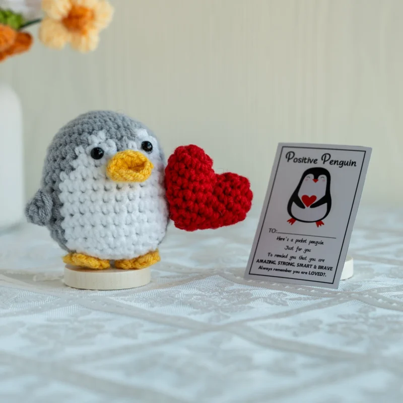 Funny handmade knitted heart penguin ornament home room decoration wool yarn crochet positive energy penguin doll christmas gift 3