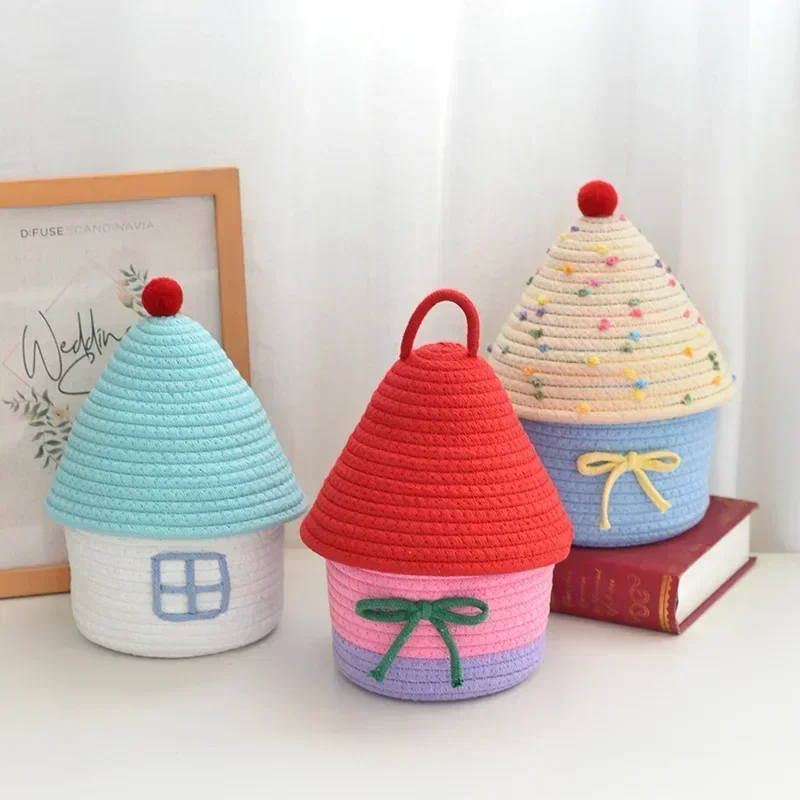 Cute storage basket desktop sundries storage box snack toys organizer hand woven make up basket home decor 3