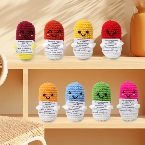 New handmade knitted capsule doll with positive card home room decoration funny crochet emotional support capsule ornament gifts 1