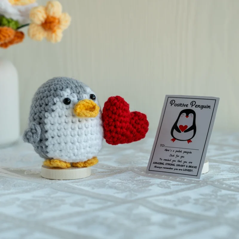 Funny handmade knitted heart penguin ornament home room decoration wool yarn crochet positive energy penguin doll christmas gift 4