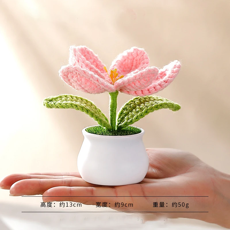 Knitting tulip flowers with potted cute crochet flower fake plant party gift home decor tulip woven flower 4