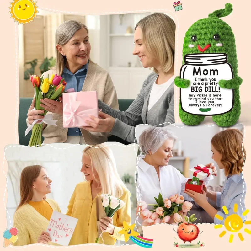Funny crochet positive pickle plush dolls with card mothers day gift for mom from daughter or son handmade knitted pickle doll 6