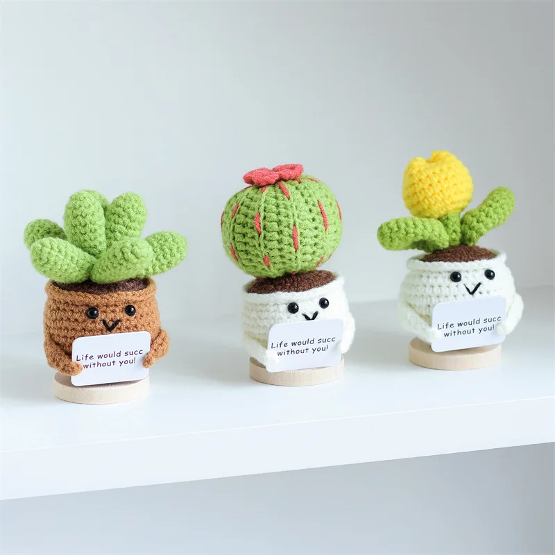 Mini cute crochet flowers finished handmade cactus heart potted plants handmade bouquets home desktop decoration christmas gift 2