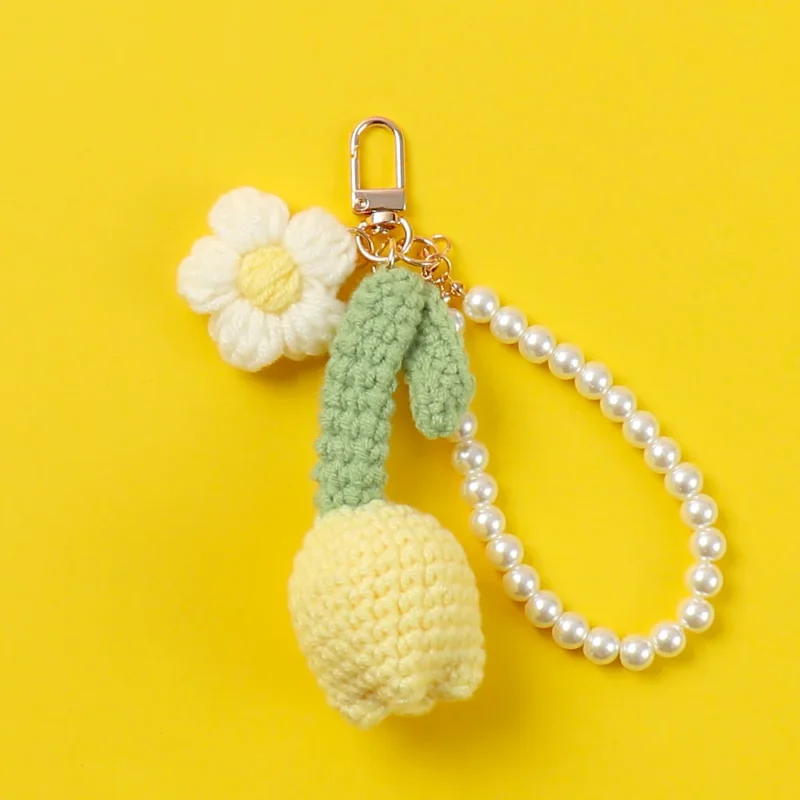 Tulip crochet keychain woven flower knitted keyring lovely bag pendant kintted tulip with pearl keychain 3
