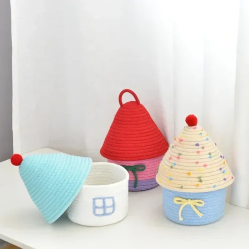 Cute storage basket desktop sundries storage box snack toys organizer hand woven make up basket home decor 1