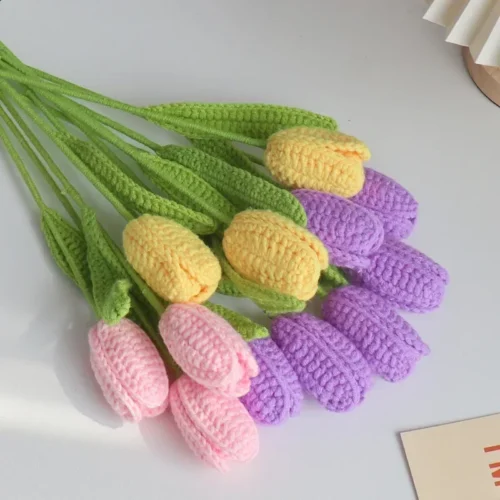 1pc Tulips Crochet Flower Colorful Finished Tulipanes Knitted Flowers Creative Artificial Bouquet Wedding Party Home Decor 1 1pc tulips crochet flower colorful finished tulipanes knitted flowers creative artificial bouquet wedding party home decor 1