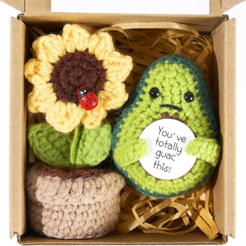 Handmade knitted emotional support avocado doll with card and sunflower pot home room decoration crochet avocado christmas gifts 1