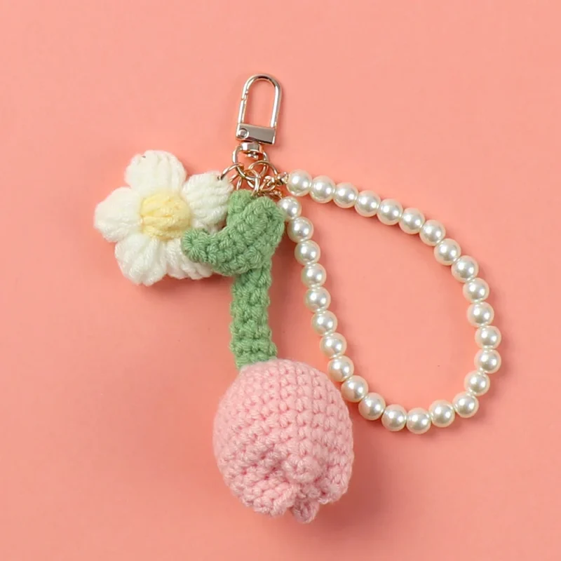 Tulip crochet keychain woven flower knitted keyring lovely bag pendant kintted tulip with pearl keychain 4