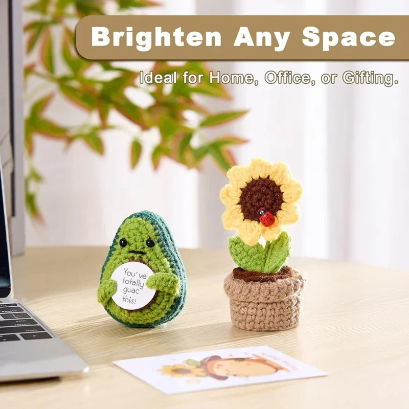 Handmade knitted emotional support avocado doll with card and sunflower pot home room decoration crochet avocado christmas gifts 5
