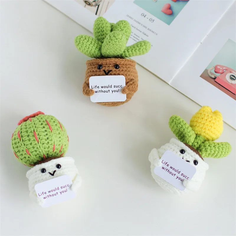 Mini cute crochet flowers finished handmade cactus heart potted plants handmade bouquets home desktop decoration christmas gift 4