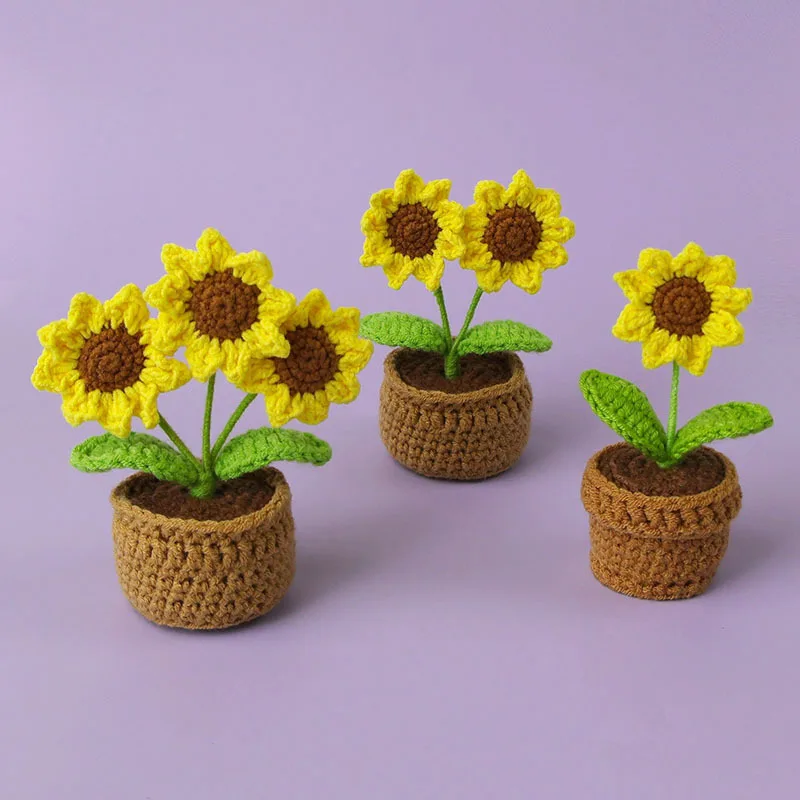 Kawaii crochet sunflowers knitting flower pot finnshed handmade plant car table decor fake sunflower 2