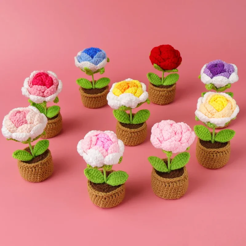 Crochet rose flowers potted knitted flower creative artificial flower sunflowers table decor crochet pot plant 2