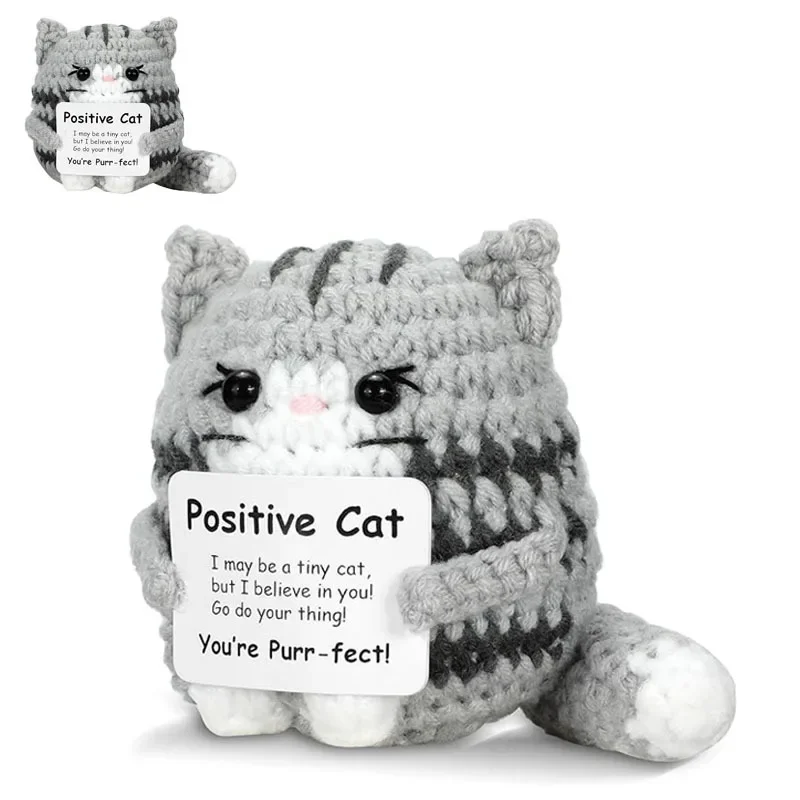 New crochet cat doll ornament home room decoration handmade knitted positive energy cat doll with card christmas party gifts 1