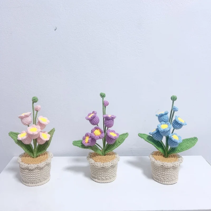 Bell orchid crochet flowers pot creative knitting flower potted cute crochet plant table home decor artificial flower 2