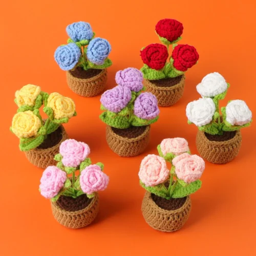 Crochet rose flowers potted knitted flower creative artificial flower sunflowers table decor crochet pot plant 1