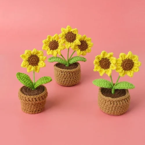 Kawaii crochet sunflowers knitting flower pot finnshed handmade plant car table decor fake sunflower 1