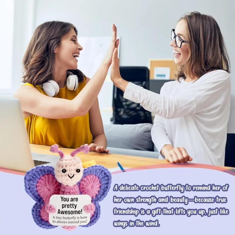 Positive energy butterfly hug pocket mini handmade plush wool knitting doll with card funny christams gift home room decoration 5