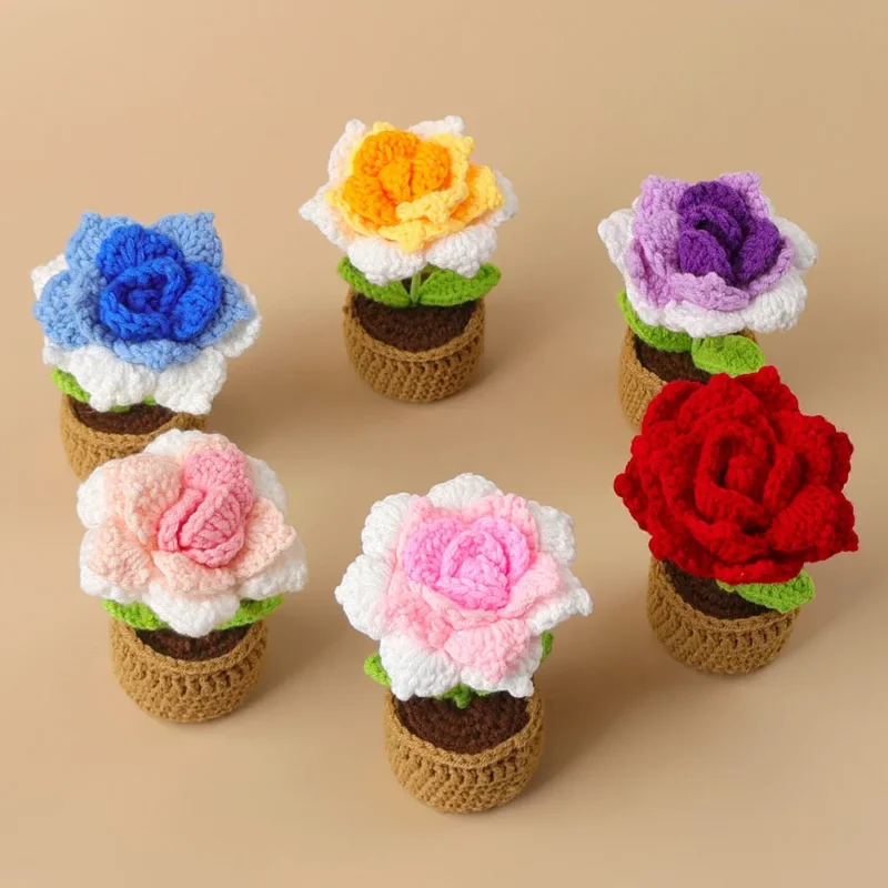 Crochet rose flowers potted knitted flower creative artificial flower sunflowers table decor crochet pot plant 3