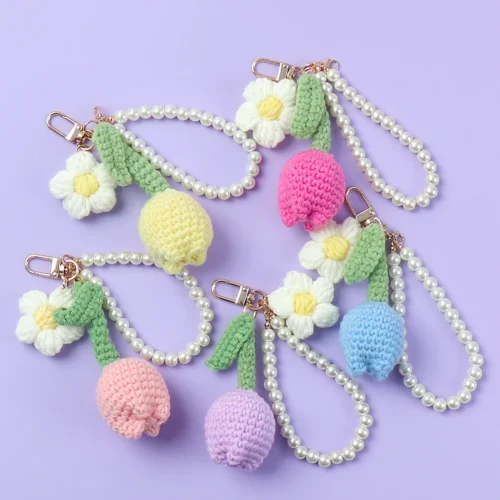 Tulip crochet keychain woven flower knitted keyring lovely bag pendant kintted tulip with pearl keychain 1