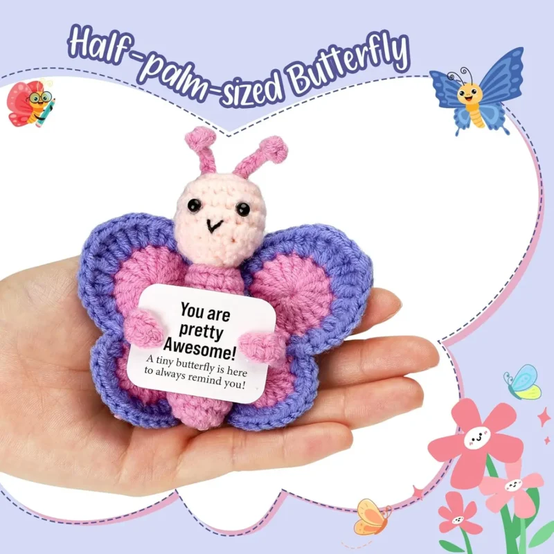 Positive energy butterfly hug pocket mini handmade plush wool knitting doll with card funny christams gift home room decoration 2