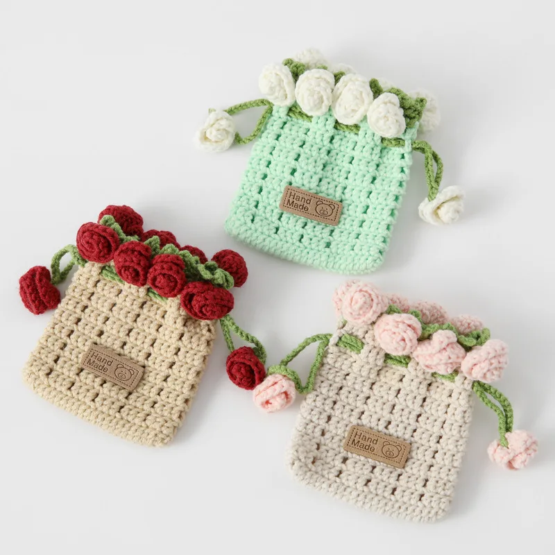 Ins crochet coin purse cute handmade lipstick bag adjustable rope with knitted rose mini makeup bag 3