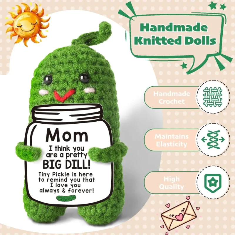 Funny crochet positive pickle plush dolls with card mothers day gift for mom from daughter or son handmade knitted pickle doll 4