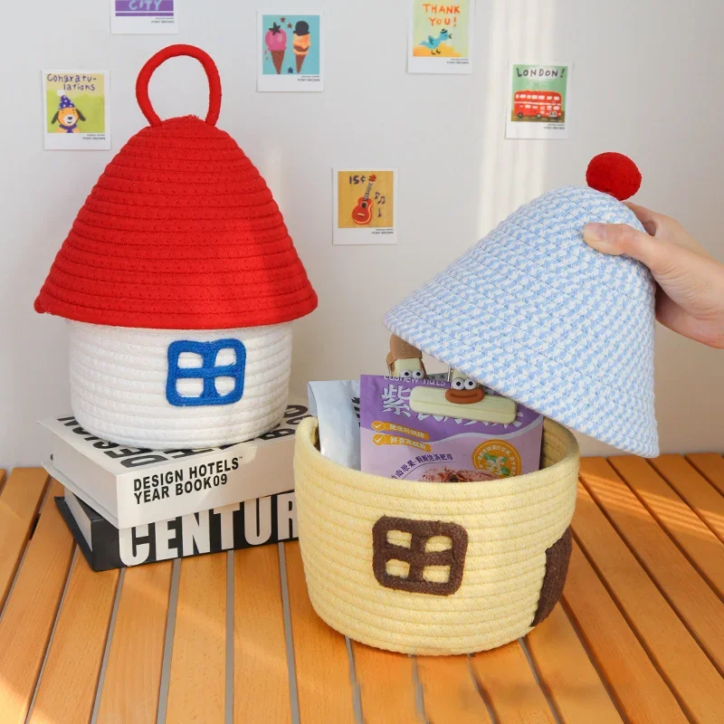 Cute storage basket desktop sundries storage box snack toys organizer hand woven make up basket home decor 2