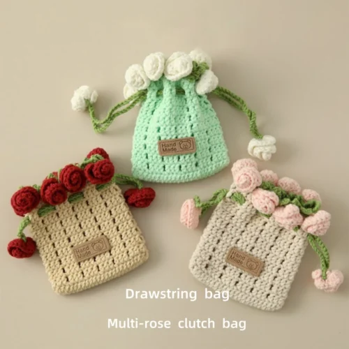 Ins crochet coin purse cute handmade lipstick bag adjustable rope with knitted rose mini makeup bag 1
