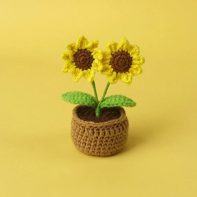 Kawaii crochet sunflowers knitting flower pot finnshed handmade plant car table decor fake sunflower 3