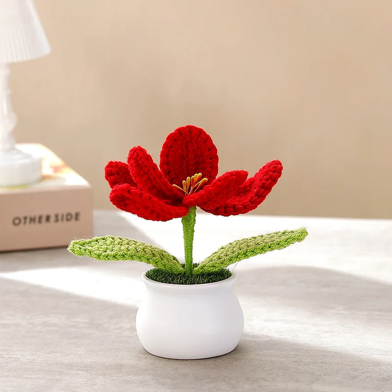 Knitting tulip flowers with potted cute crochet flower fake plant party gift home decor tulip woven flower 5