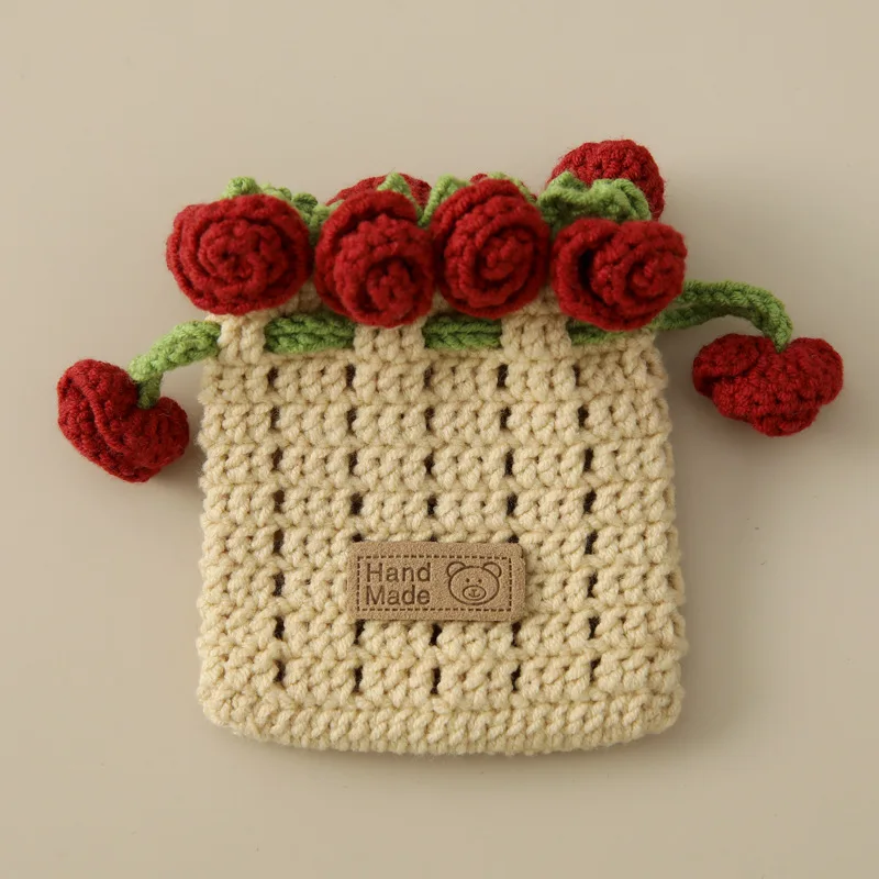 Ins crochet coin purse cute handmade lipstick bag adjustable rope with knitted rose mini makeup bag 5