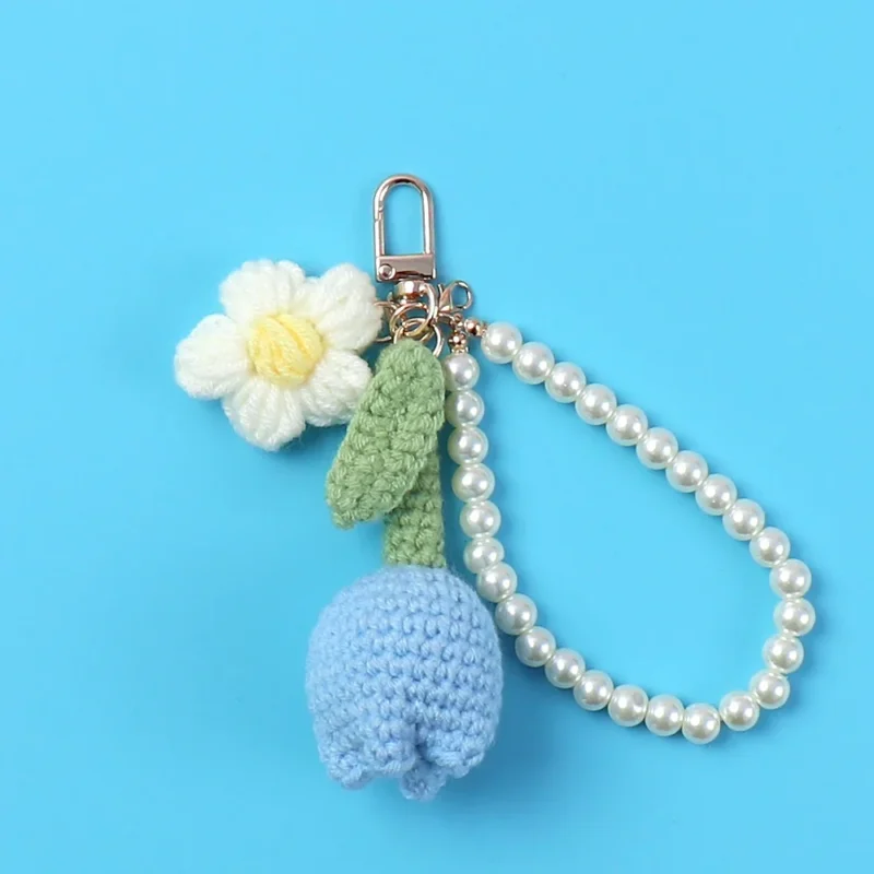 Tulip crochet keychain woven flower knitted keyring lovely bag pendant kintted tulip with pearl keychain 5