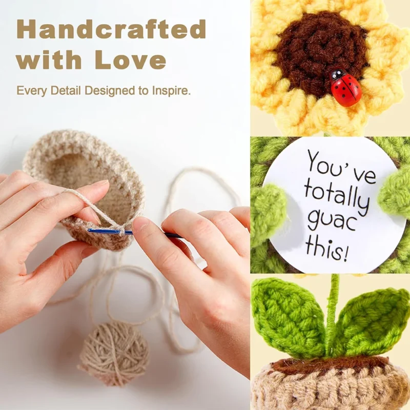 Handmade knitted emotional support avocado doll with card and sunflower pot home room decoration crochet avocado christmas gifts 3