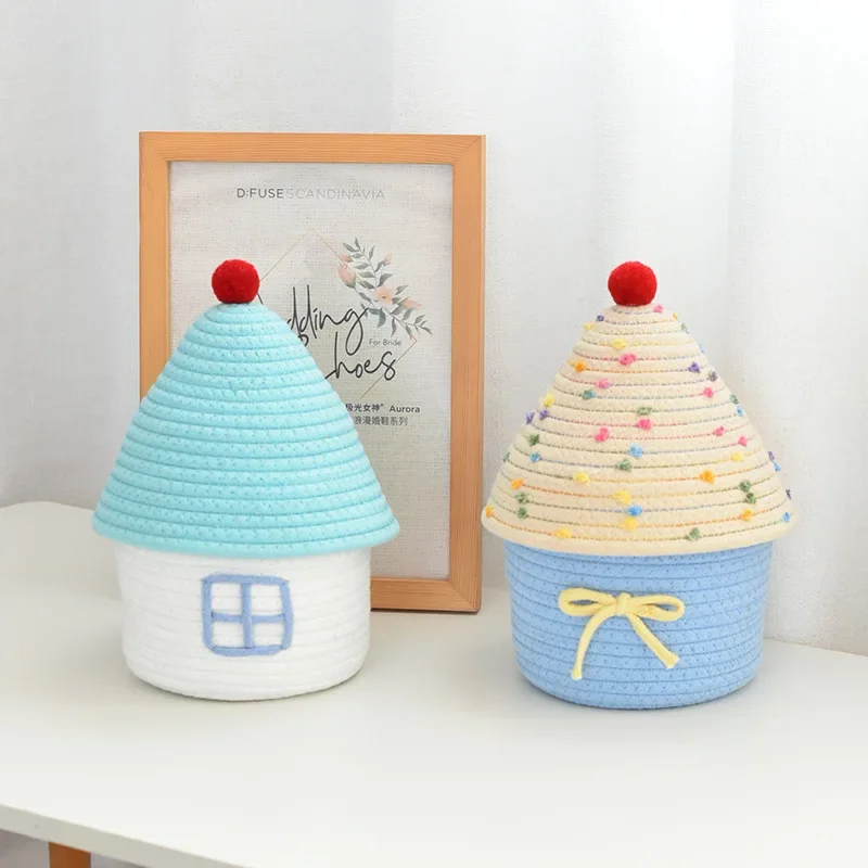 Cute storage basket desktop sundries storage box snack toys organizer hand woven make up basket home decor 5