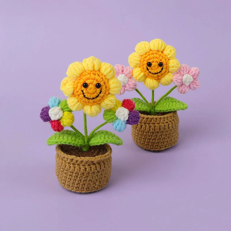 Kawaii crochet sunflowers knitting flower pot finnshed handmade plant car table decor fake sunflower 5