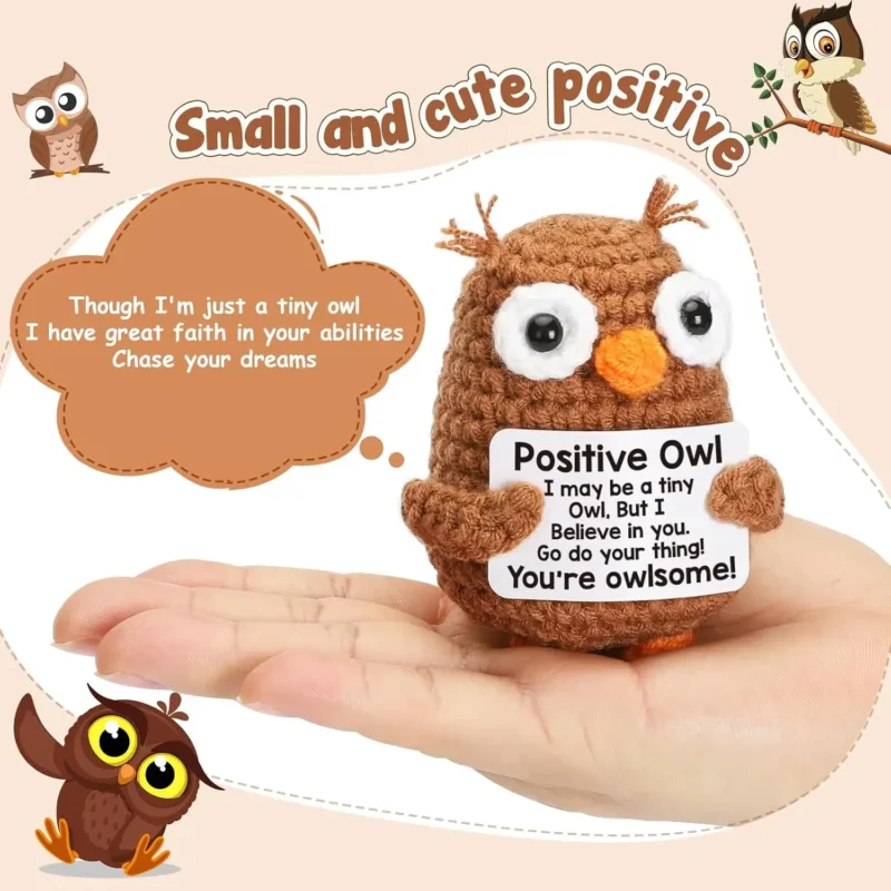 Funny crochet positive inspirational emotional support owl doll home room decoration handmade knitted owl desktop ornament gift 2