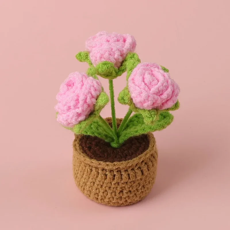 Crochet rose flowers potted knitted flower creative artificial flower sunflowers table decor crochet pot plant 6