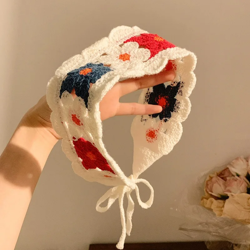Sweet knitted triangle scarf fashionable handmade headscarf girl photo props french headband hair bands 3