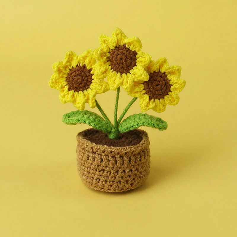 Kawaii crochet sunflowers knitting flower pot finnshed handmade plant car table decor fake sunflower 4