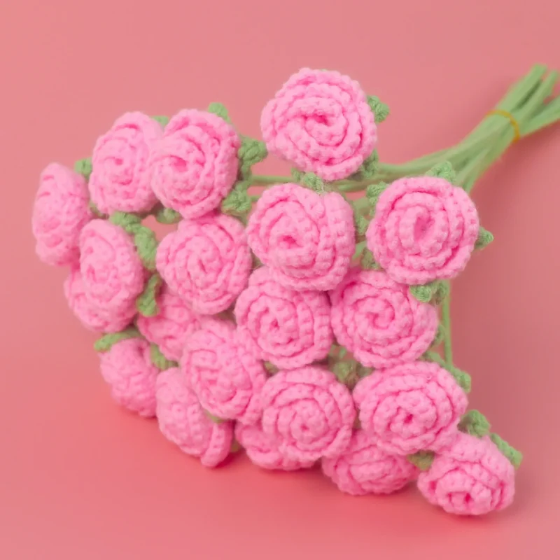 1pc creative crochet flowers finished knitting rose flower wedding bouquet cute fake flowers friends gift home decor 2