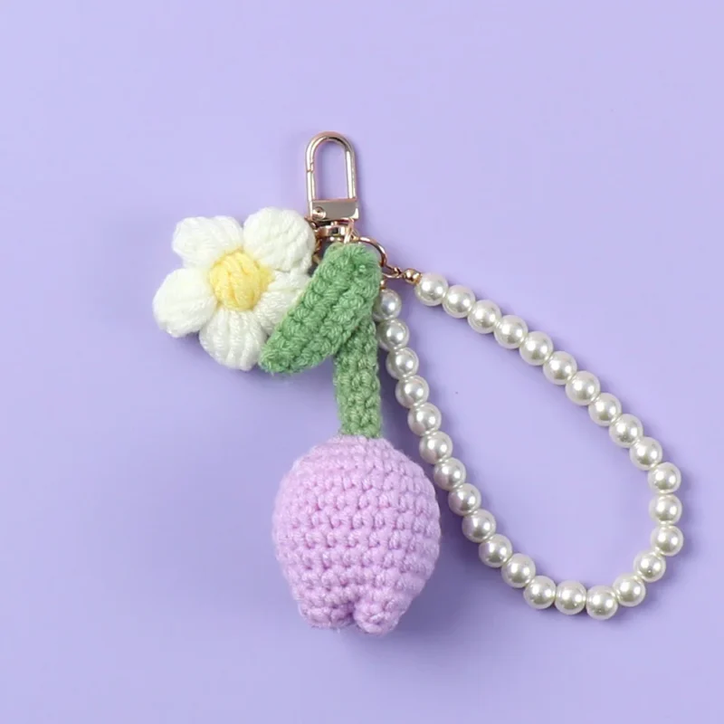 Tulip crochet keychain woven flower knitted keyring lovely bag pendant kintted tulip with pearl keychain 2