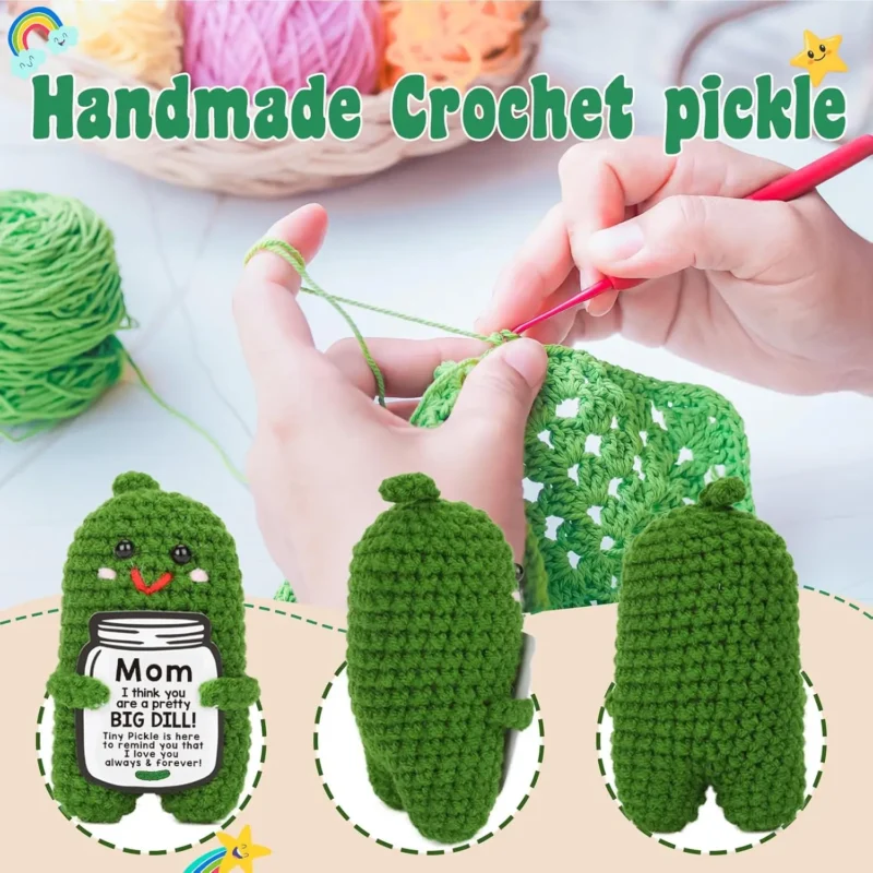 Funny crochet positive pickle plush dolls with card mothers day gift for mom from daughter or son handmade knitted pickle doll 3