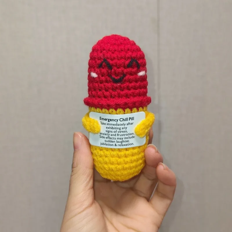 Crochet emotional support chill pill caring gifts desktop ornament handmade knitted emergency pills with card home room decor 2