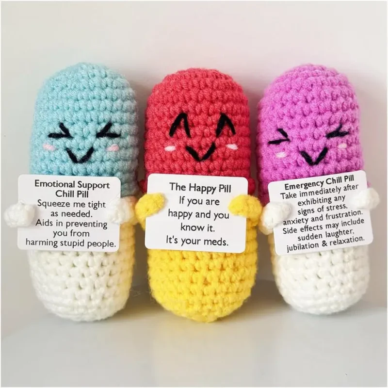 Crochet emotional support chill pill caring gifts desktop ornament handmade knitted emergency pills with card home room decor 3