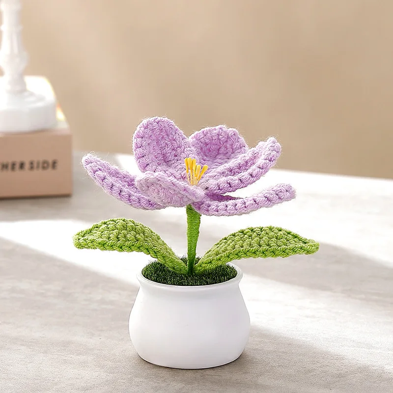 Knitting tulip flowers with potted cute crochet flower fake plant party gift home decor tulip woven flower 6